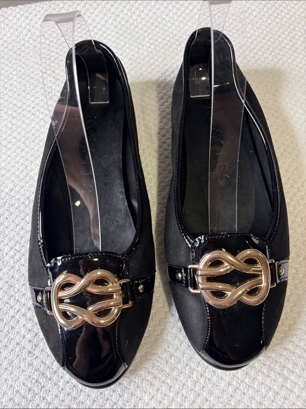 Aerosoles Big Bet Black Patent Combo Gold Buckle Ballet Flats 11W Comfort Office